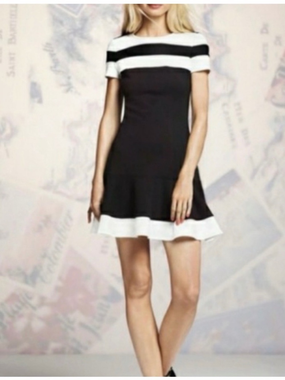 Peter Som Black and White Short Sleeve Flared Mini Dress